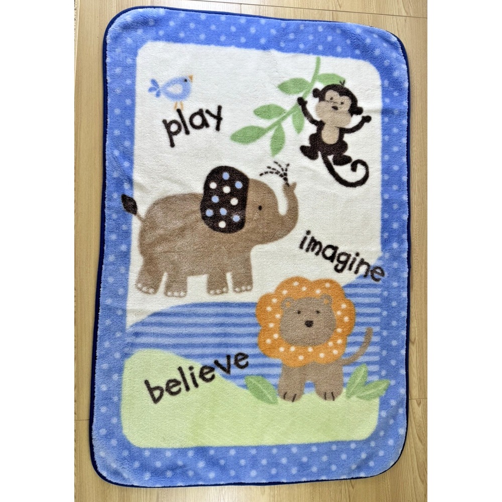 Garanimals Blue Safari Baby Blanket Elephant Lion Monkey Believe Imagine Play